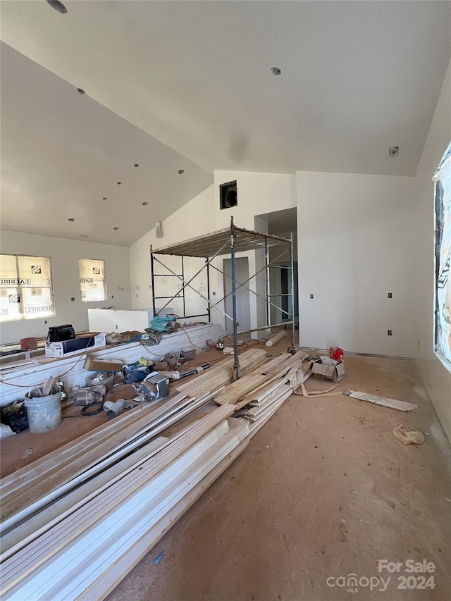 misc room featuring plenty of natural light, lofted ceiling, and concrete floors