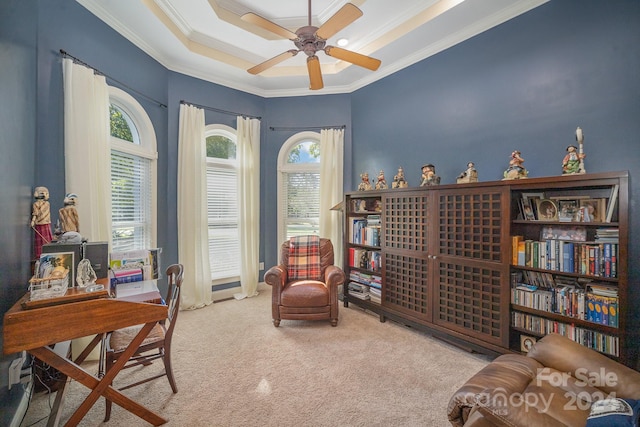 home office with ceiling fan, light colored carpet, ornamental molding, and a tray ceiling