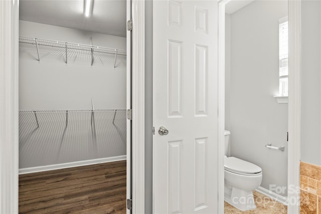 bathroom featuring toilet and wood-type flooring