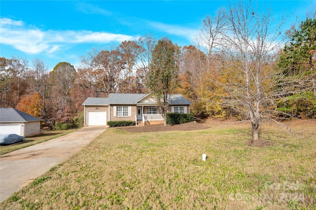 ranch-style house with a front yard and a garage