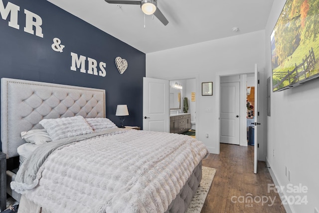 bedroom with dark hardwood / wood-style floors, ceiling fan, and ensuite bathroom