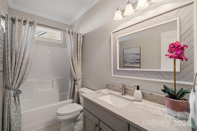 full bathroom with tile patterned floors, crown molding, toilet, shower / bath combo with shower curtain, and vanity