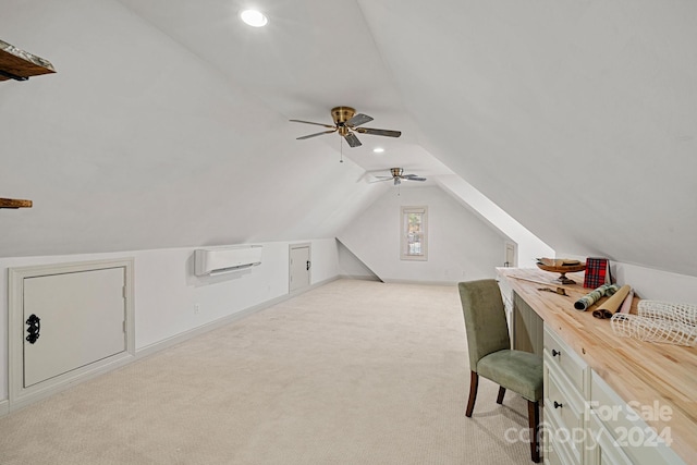 additional living space with light colored carpet, vaulted ceiling, ceiling fan, and a wall unit AC