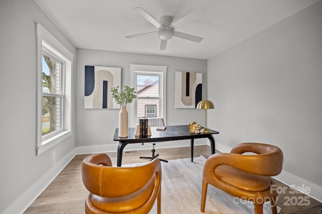 office area with plenty of natural light, ceiling fan, and light hardwood / wood-style flooring