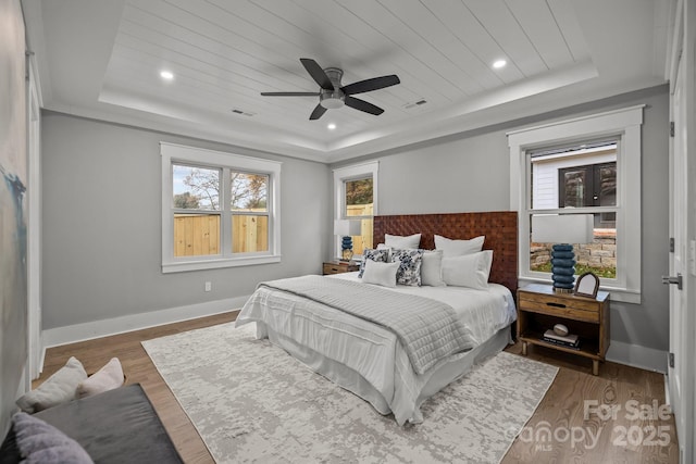 bedroom featuring dark wood-type flooring, wood ceiling, and a raised ceiling