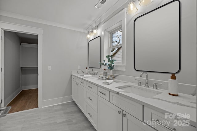 bathroom featuring vanity, ornamental molding, and hardwood / wood-style floors