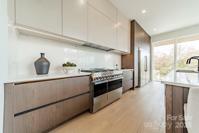 kitchen with wall chimney exhaust hood, double oven range, sink, and light hardwood / wood-style flooring