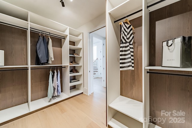 walk in closet with light wood-type flooring