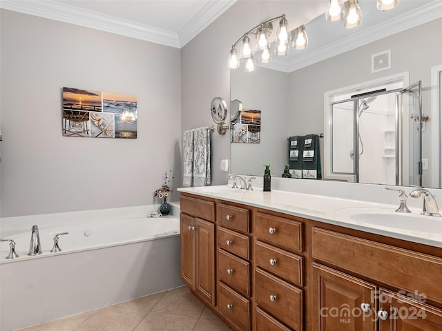 bathroom with tile patterned floors, vanity, independent shower and bath, and ornamental molding