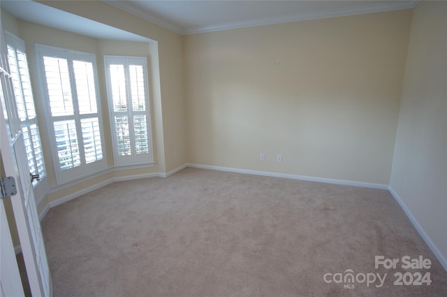 unfurnished room featuring light carpet and crown molding