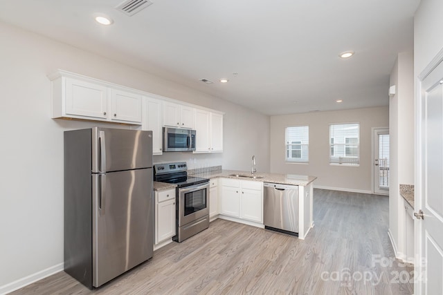 kitchen featuring kitchen peninsula, white cabinetry, sink, and stainless steel appliances