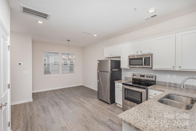 kitchen featuring sink, appliances with stainless steel finishes, decorative light fixtures, white cabinets, and light wood-type flooring