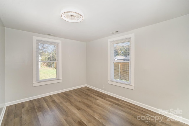 empty room with a wealth of natural light and hardwood / wood-style flooring