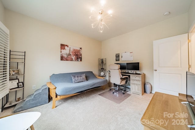 home office featuring light colored carpet and a chandelier