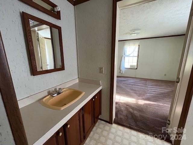 bathroom with a textured ceiling and vanity