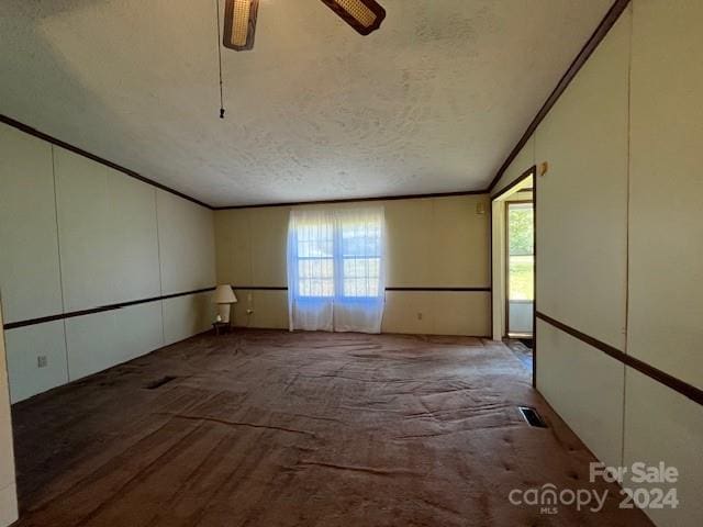 spare room featuring lofted ceiling, ceiling fan, and a textured ceiling