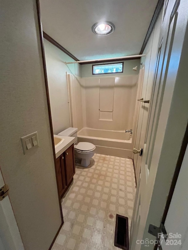 full bathroom featuring vanity, toilet, shower / bath combination, and crown molding