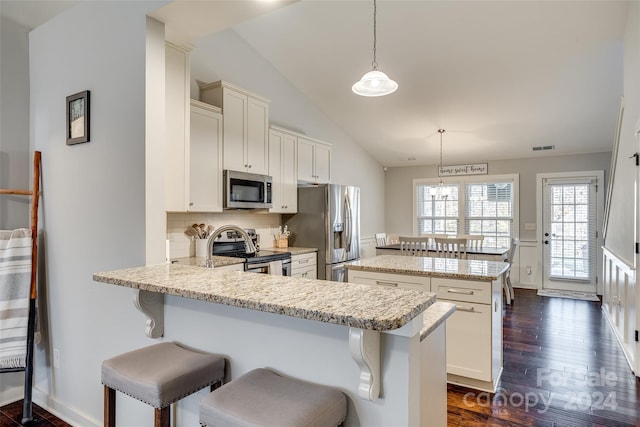 kitchen with pendant lighting, dark hardwood / wood-style floors, a kitchen island, kitchen peninsula, and stainless steel appliances