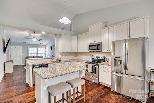 kitchen with kitchen peninsula, appliances with stainless steel finishes, lofted ceiling, and sink