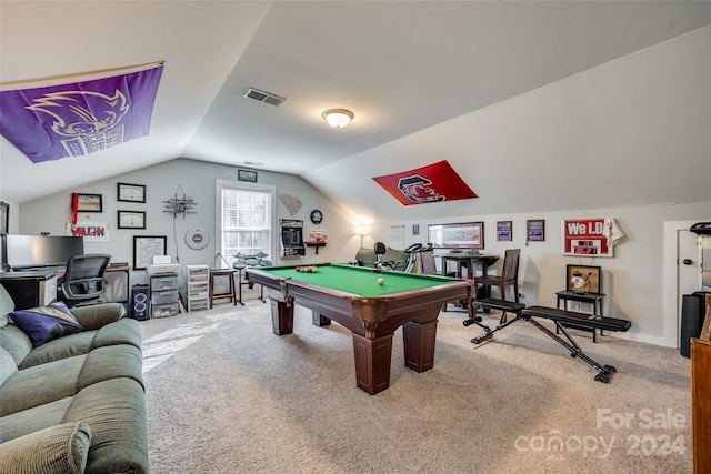 game room with carpet, lofted ceiling, and pool table