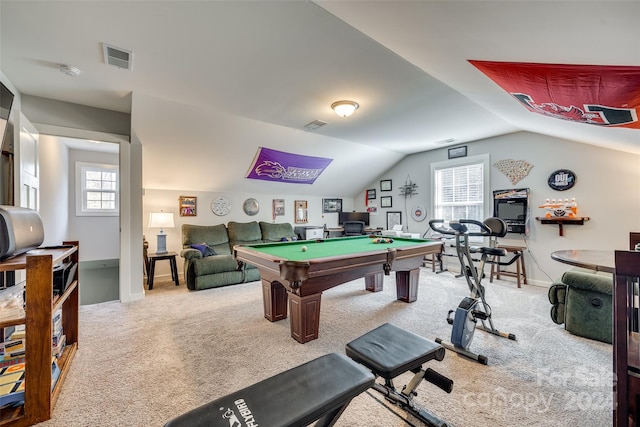 playroom featuring carpet flooring, plenty of natural light, lofted ceiling, and pool table