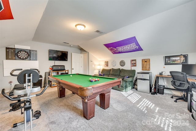 recreation room featuring light colored carpet, lofted ceiling, and billiards