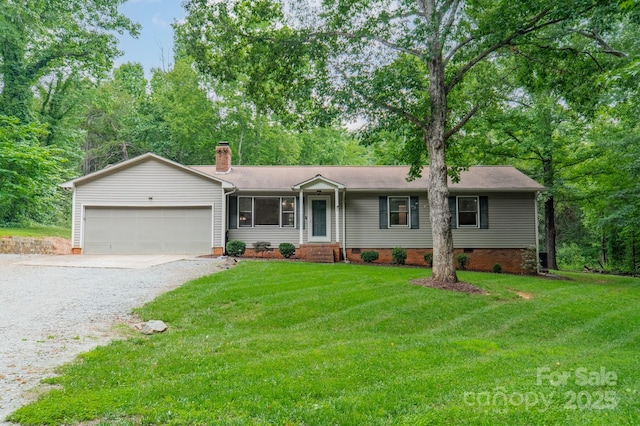 2109 Rock Springs Cir, Denver, NC 28037 - ranch-style home featuring crawl space, gravel driveway, a chimney, an attached garage, and a front yard
