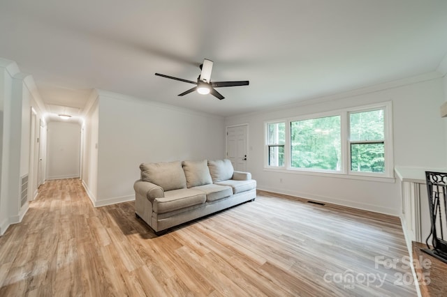 2109 Rock Springs Cir, Denver, NC 28037 - living area with attic access, a ceiling fan, light wood finished floors, ornamental molding, and baseboards
