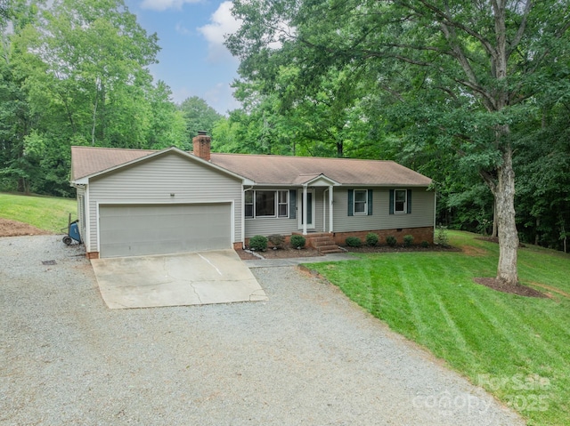 2109 Rock Springs Cir, Denver, NC 28037 - single story home with concrete driveway, a garage, a chimney, a front lawn, and a shingled roof