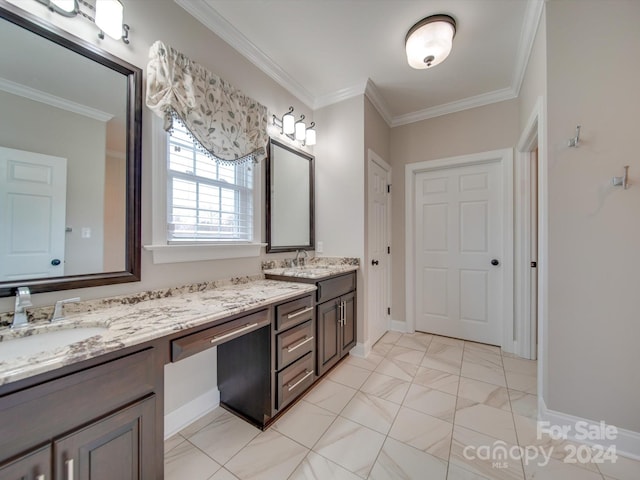 bathroom with vanity and ornamental molding