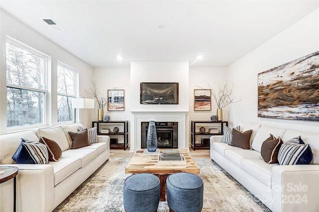 living room featuring light hardwood / wood-style floors and a tiled fireplace