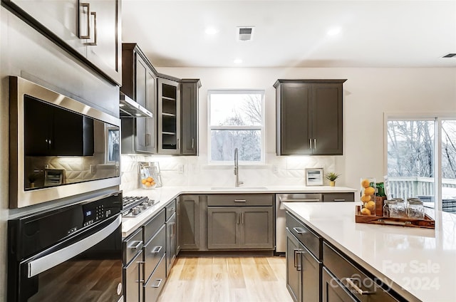 kitchen with backsplash, stainless steel appliances, light hardwood / wood-style floors, and sink