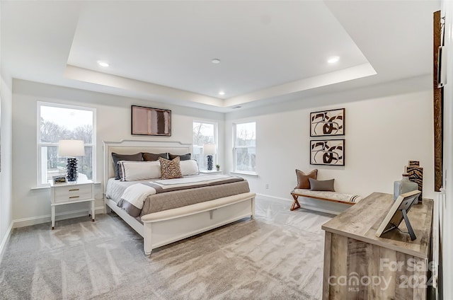 carpeted bedroom with a tray ceiling