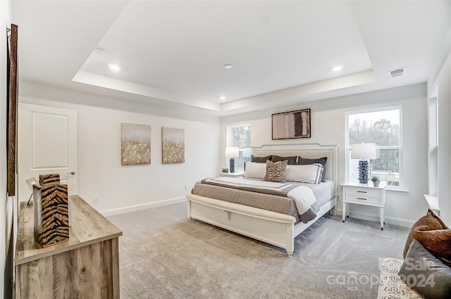 carpeted bedroom featuring a raised ceiling and multiple windows