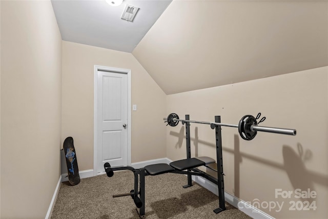 169 Rimmer Farm Rd, Troutman, NC 28166 - workout room featuring baseboards, lofted ceiling, and carpet flooring