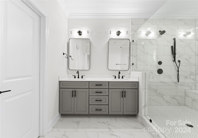 bathroom featuring tiled shower, vanity, and ornamental molding