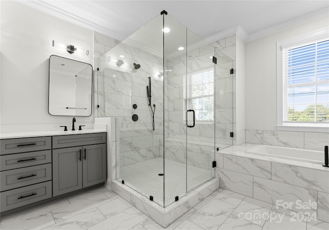 bathroom featuring vanity, separate shower and tub, and ornamental molding