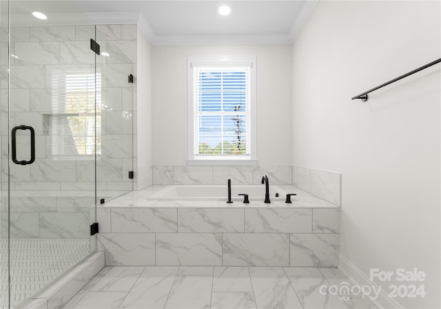 bathroom featuring shower with separate bathtub and crown molding