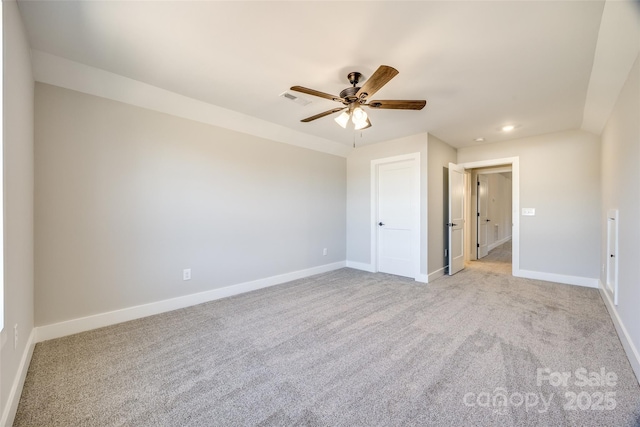 unfurnished bedroom featuring light colored carpet and ceiling fan