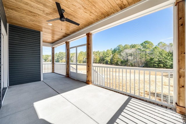 sunroom / solarium featuring ceiling fan and wooden ceiling