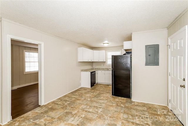 kitchen featuring black appliances, white cabinetry, electric panel, and a textured ceiling