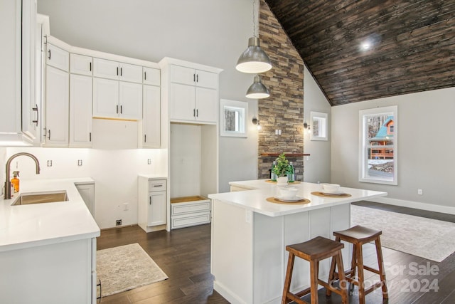 kitchen with wood ceiling, sink, high vaulted ceiling, white cabinets, and dark hardwood / wood-style floors