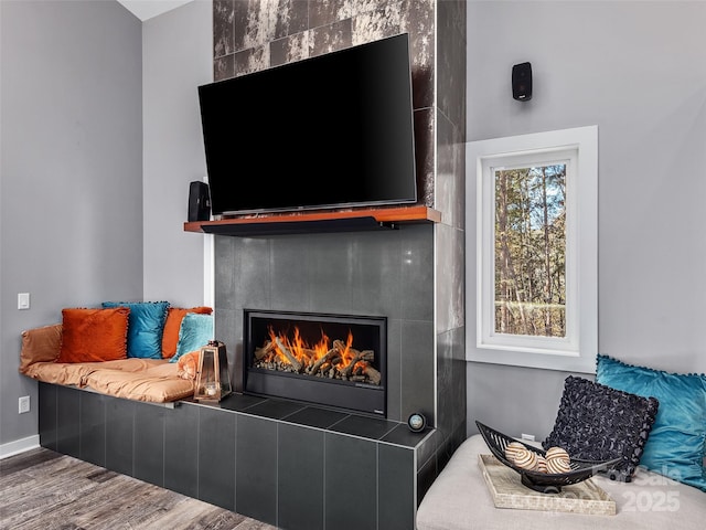 interior details featuring wood-type flooring and a fireplace