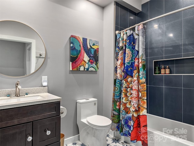 full bathroom with vanity, toilet, and shower / tub combo