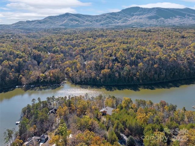 drone / aerial view with a water and mountain view