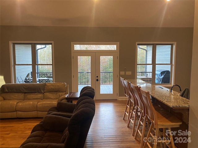 living room featuring french doors and light hardwood / wood-style floors