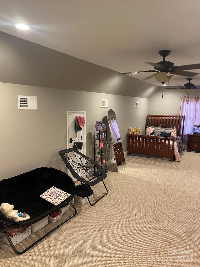 bedroom with light carpet, ceiling fan, and lofted ceiling