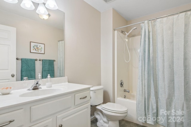 full bathroom with toilet, tile patterned floors, vanity, and shower / tub combo with curtain