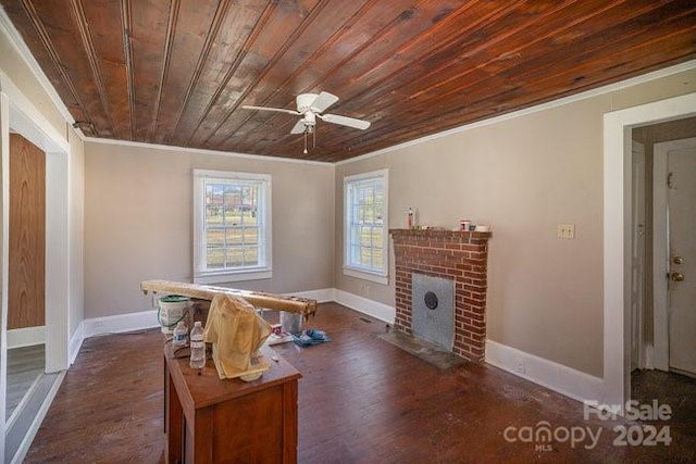 interior space featuring a fireplace, crown molding, dark wood-type flooring, and wood ceiling