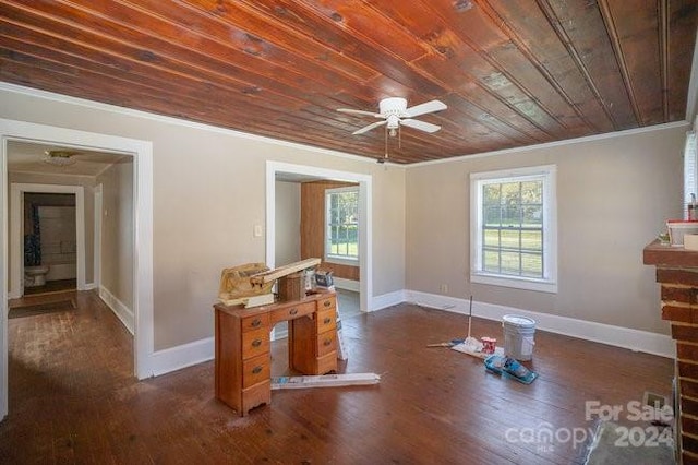 interior space featuring ceiling fan, dark hardwood / wood-style flooring, wood ceiling, and ornamental molding